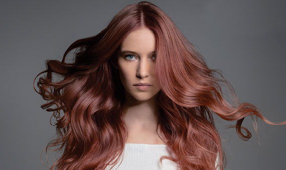 Model with long maroon hair